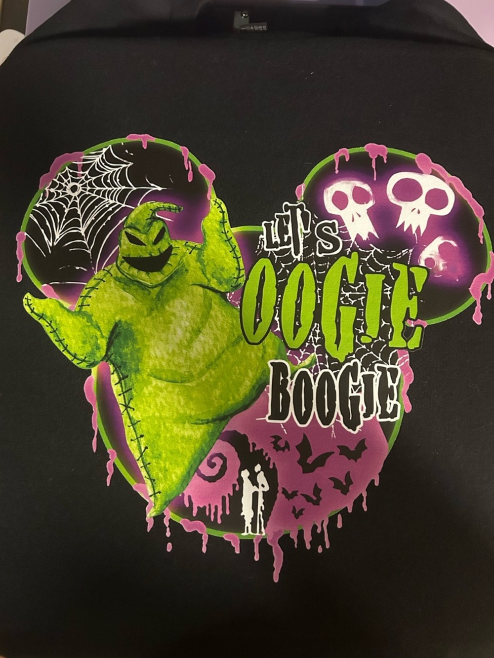Gildan Black Tee with Green and Purple Oogie Boogie Graphic MED
